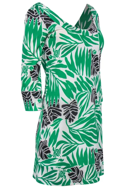 Diane von Furstenberg - Cream, Green & Black Tropical Silk Printed Dress Sz 4