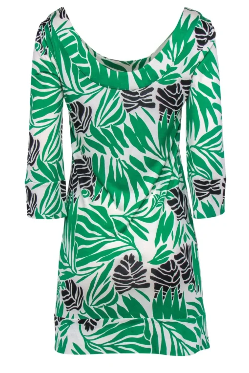 Diane von Furstenberg - Cream, Green & Black Tropical Silk Printed Dress Sz 4