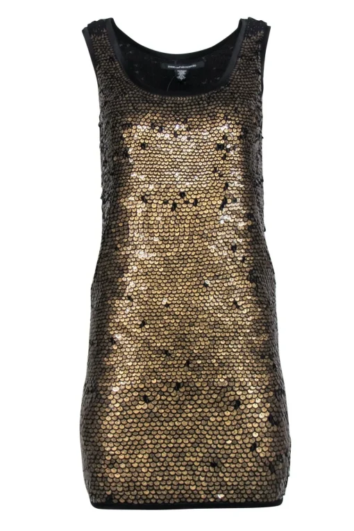 Diane von Furstenberg - Gold & Black Sleeveless Sequin Mini Dress Sz 2