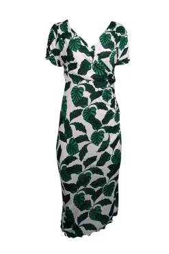Diane von Furstenberg - Green & White Leaf Print “Havana” Midi Dress Sz M