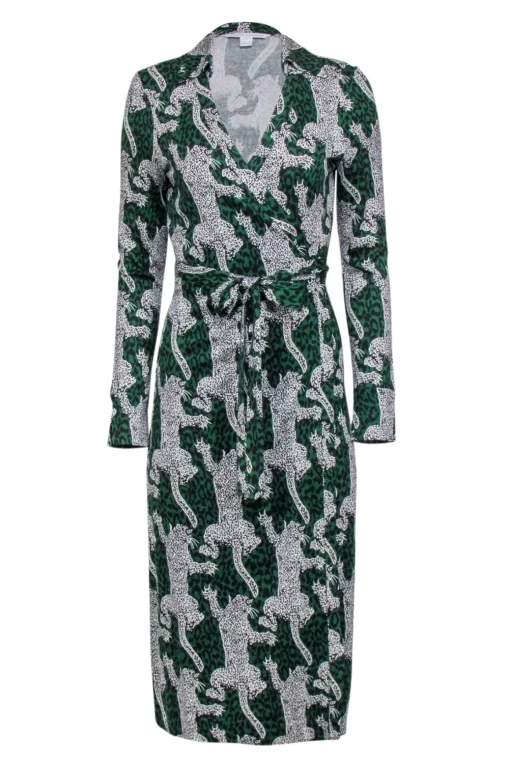 Diane von Furstenberg - Green w/ White & Black Leopards Wrap Dress Sz 8