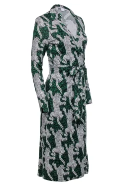 Diane von Furstenberg - Green w/ White & Black Leopards Wrap Dress Sz 8