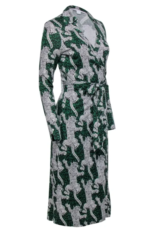Diane von Furstenberg - Green w/ White & Black Leopards Wrap Dress Sz 8