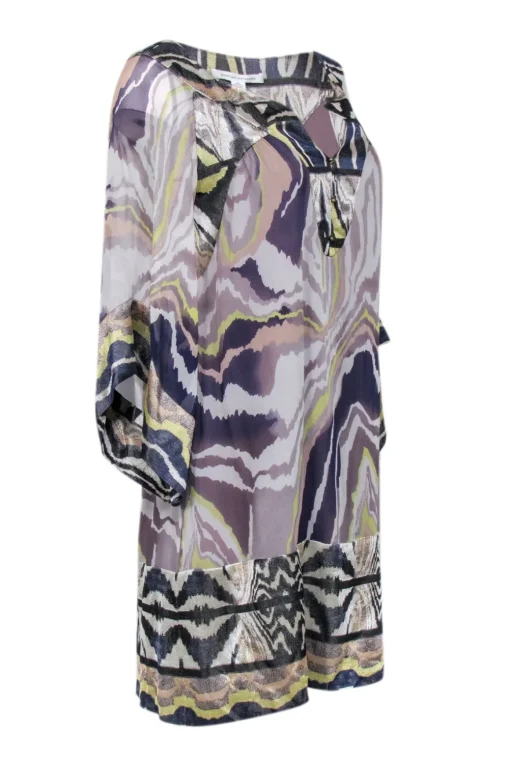 Diane von Furstenberg - Grey, Purple, Navy, & Green Print Shift Dress Sz 8