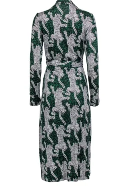 Diane von Furstenberg - Green w/ White & Black Leopards Wrap Dress Sz 8