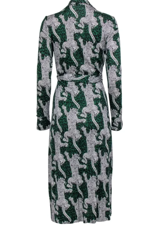 Diane von Furstenberg - Green w/ White & Black Leopards Wrap Dress Sz 8