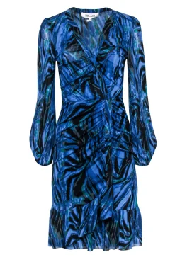 Diane von Furstenberg - Indigo, Teal, & Black Tie-Dye Zebra Print Ruched Dress Sz M
