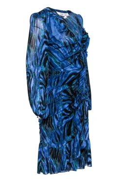 Diane von Furstenberg - Indigo, Teal, & Black Tie-Dye Zebra Print Ruched Dress Sz M