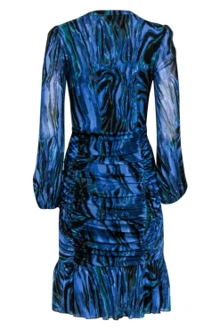 Diane von Furstenberg - Indigo, Teal, & Black Tie-Dye Zebra Print Ruched Dress Sz M