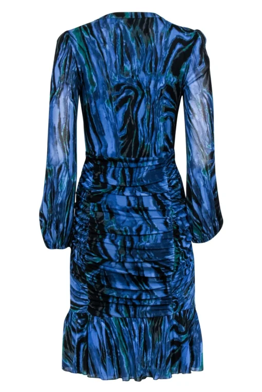 Diane von Furstenberg - Indigo, Teal, & Black Tie-Dye Zebra Print Ruched Dress Sz M