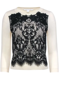 Diane von Furstenberg - Ivory  Wool Blend Sweater w/ Black Lace Detail Sz P