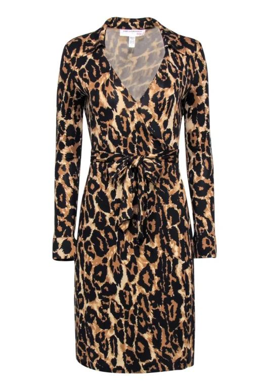 Diane von Furstenberg - Leopard Print Silk Long Sleeve Wrap Dress Sz 6