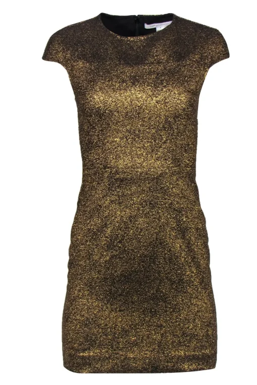 Diane von Furstenberg - Metallic Gold Crackled Cap Sleeve Sheath Dress Sz 0