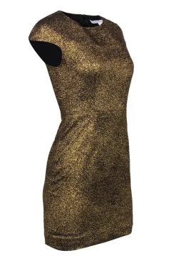 Diane von Furstenberg - Metallic Gold Crackled Cap Sleeve Sheath Dress Sz 0