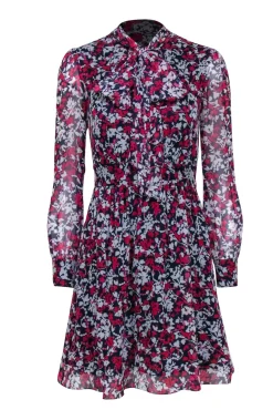 Diane von Furstenberg - Navy, Pink, & White Floral Print Long Sleeve Silk Mini Dress Sz 0