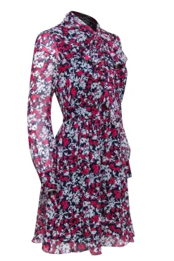 Diane von Furstenberg - Navy, Pink, & White Floral Print Long Sleeve Silk Mini Dress Sz 0