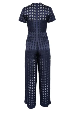 Diane von Furstenberg - Navy Checkered Print Short Sleeve Jumpsuit Sz 0