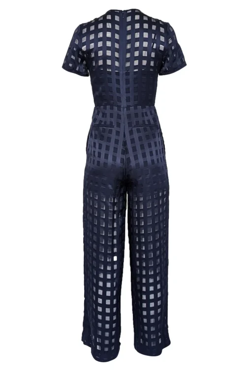 Diane von Furstenberg - Navy Checkered Print Short Sleeve Jumpsuit Sz 0