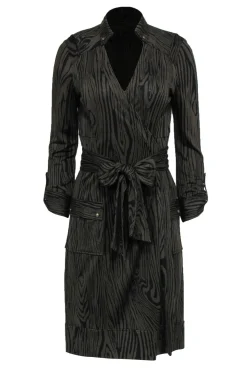 Diane von Furstenberg - Olive Wood Grain Print Silk Midi Wrap Dress Sz 8