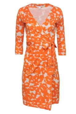 Diane von Furstenberg - Orange & White Print Long Sleeve Wrap Dress Sz 2