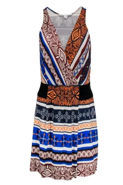 Diane von Furstenberg - Orange & Blue Tribal Print Pleated Dress Sz 6