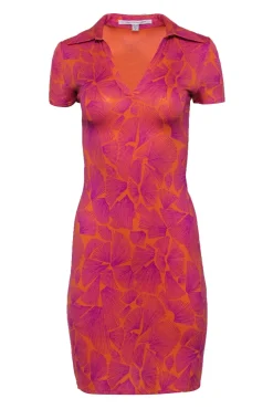 Diane von Furstenberg - Orange & Purple Printed Silk Collared Dress Sz 2