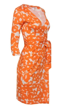 Diane von Furstenberg - Orange & White Print Long Sleeve Wrap Dress Sz 2