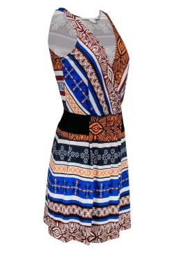 Diane von Furstenberg - Orange & Blue Tribal Print Pleated Dress Sz 6