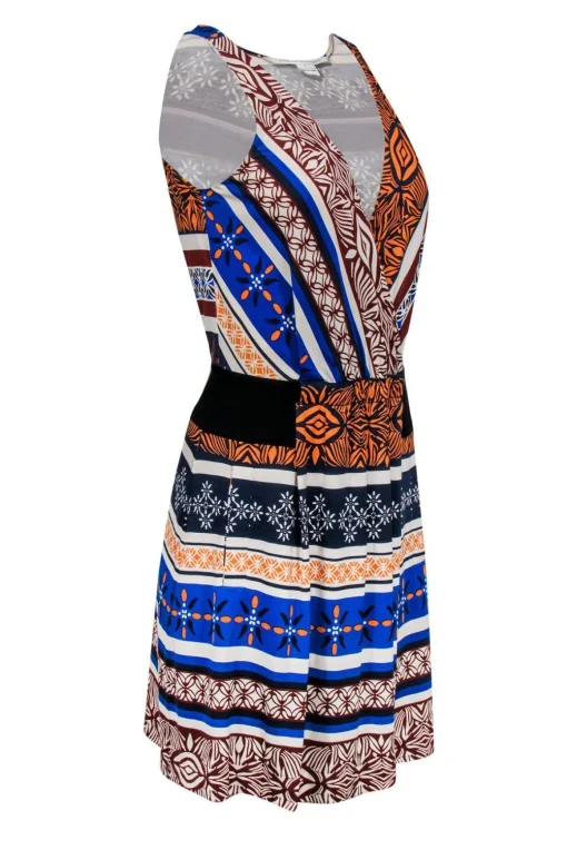 Diane von Furstenberg - Orange & Blue Tribal Print Pleated Dress Sz 6