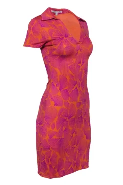 Diane von Furstenberg - Orange & Purple Printed Silk Collared Dress Sz 2
