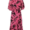 Diane von Furstenberg - Pink & Black Cropped Sleeve Floral Wrap Midi Dress Sz S