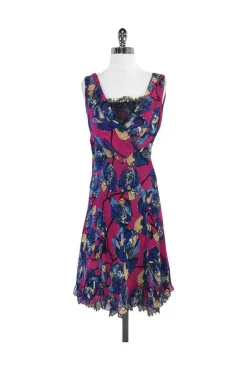 Diane von Furstenberg - Pink & Blue Floral Print Silk Dress Sz 4