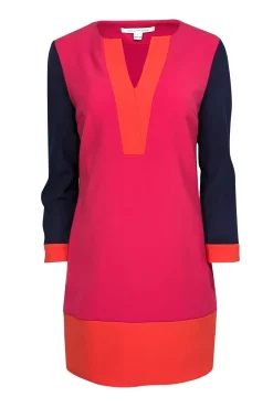 Diane von Furstenberg - Pink, Orange, & Navy Crepe Colorblock Dress Sz 6