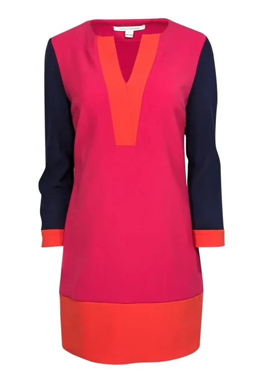Diane von Furstenberg - Pink, Orange, & Navy Crepe Colorblock Dress Sz 6
