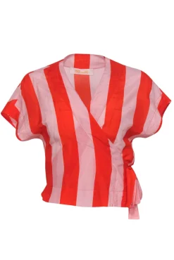 Diane von Furstenberg - Pink & Orange Striped Short Sleeve Cropped Wrap Blouse Sz P