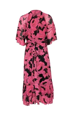 Diane von Furstenberg - Pink & Black Cropped Sleeve Floral Wrap Midi Dress Sz S