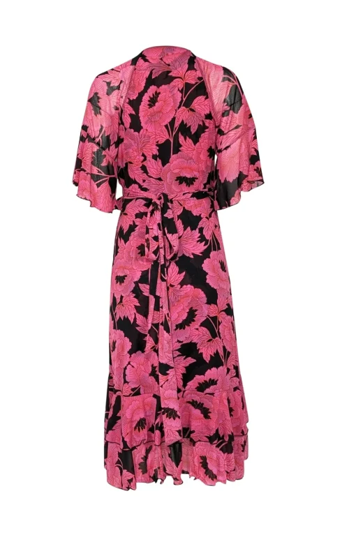 Diane von Furstenberg - Pink & Black Cropped Sleeve Floral Wrap Midi Dress Sz S