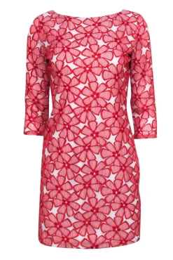 Diane von Furstenberg - Red Floral Embroidery Lace Crop Sleeve Dress Sz 4