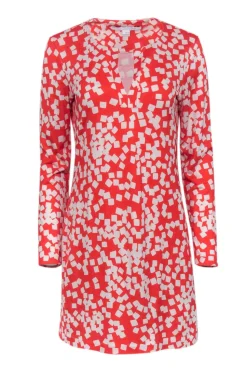 Diane von Furstenberg - Red & White Long Sleeve Printed Mini Dress Sz 10