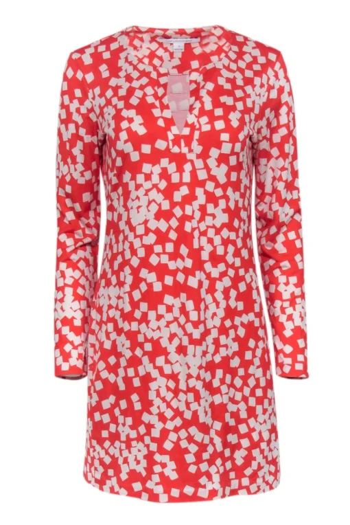Diane von Furstenberg - Red & White Long Sleeve Printed Mini Dress Sz 10