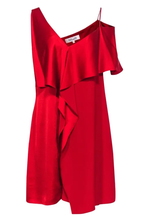 Diane von Furstenberg - Red Draped Dress w/ Flounce & Asymmetrical Shoulders Sz 12