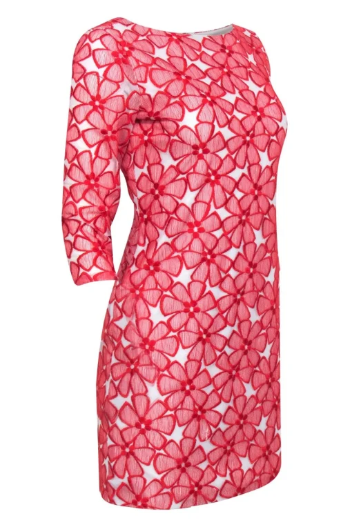 Diane von Furstenberg - Red Floral Embroidery Lace Crop Sleeve Dress Sz 4