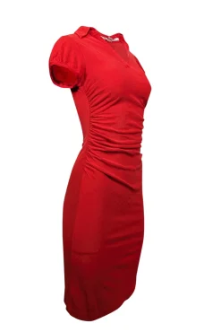 Diane von Furstenberg - Red Short Sleeve Silk Side Ruched Dress Sz 4