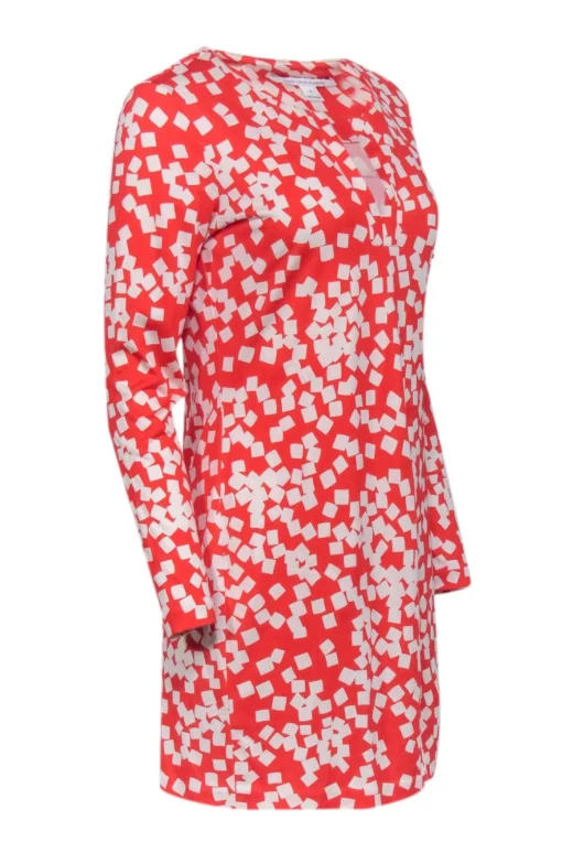 Diane von Furstenberg - Red & White Long Sleeve Printed Mini Dress Sz 10