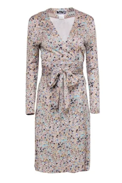 Diane von Furstenberg - Tan Long Sleeve Speckled Wrap Knee-Length Dress Sz 6