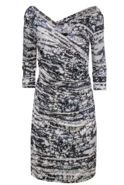 Diane von Furstenberg - White & Gray Marbled Printed Ruched Dress Sz 10