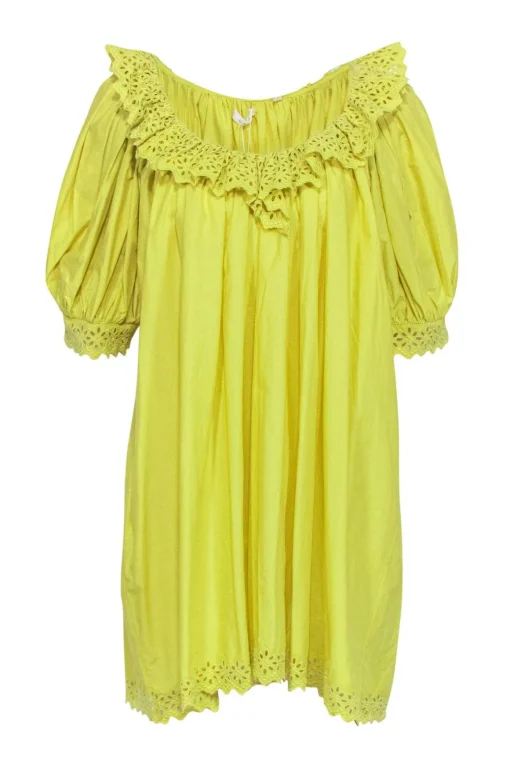 Doen - Green Cotton Babydoll Dress w/ Eyelet Trim & Puff Sleeves Sz XL