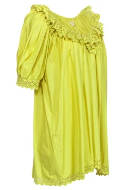 Doen - Green Cotton Babydoll Dress w/ Eyelet Trim & Puff Sleeves Sz XL