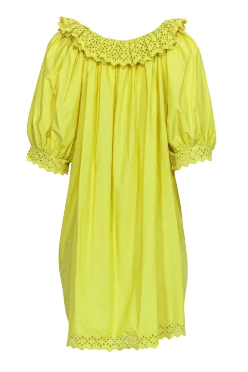 Doen - Green Cotton Babydoll Dress w/ Eyelet Trim & Puff Sleeves Sz XL
