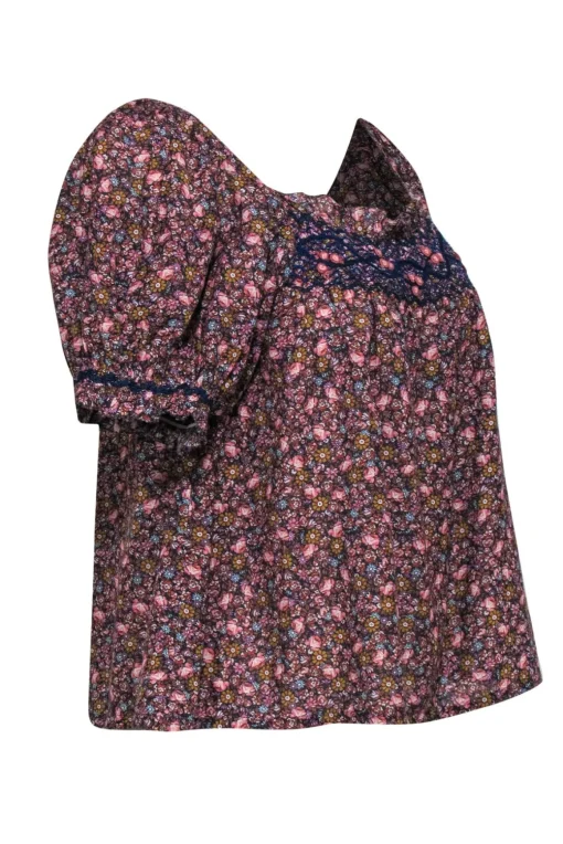 Doen - Multicolor Floral Print Embroidered Puff Sleeve Blouse Sz XS